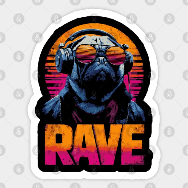 Rave Pug Retrowave T-Shirt - Synthwave Party Pug Design Sticker by TuncGK